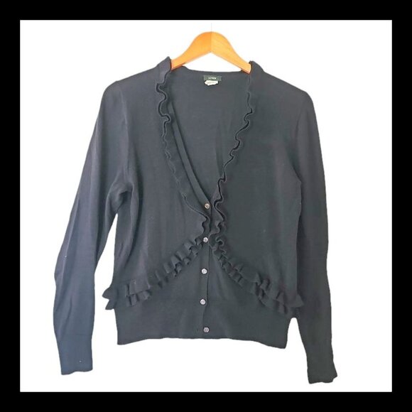 J. Crew Black Cardigan 100% Merino Wool‎ L Large Ruffle Lightweight Soft - Picture 1 of 11